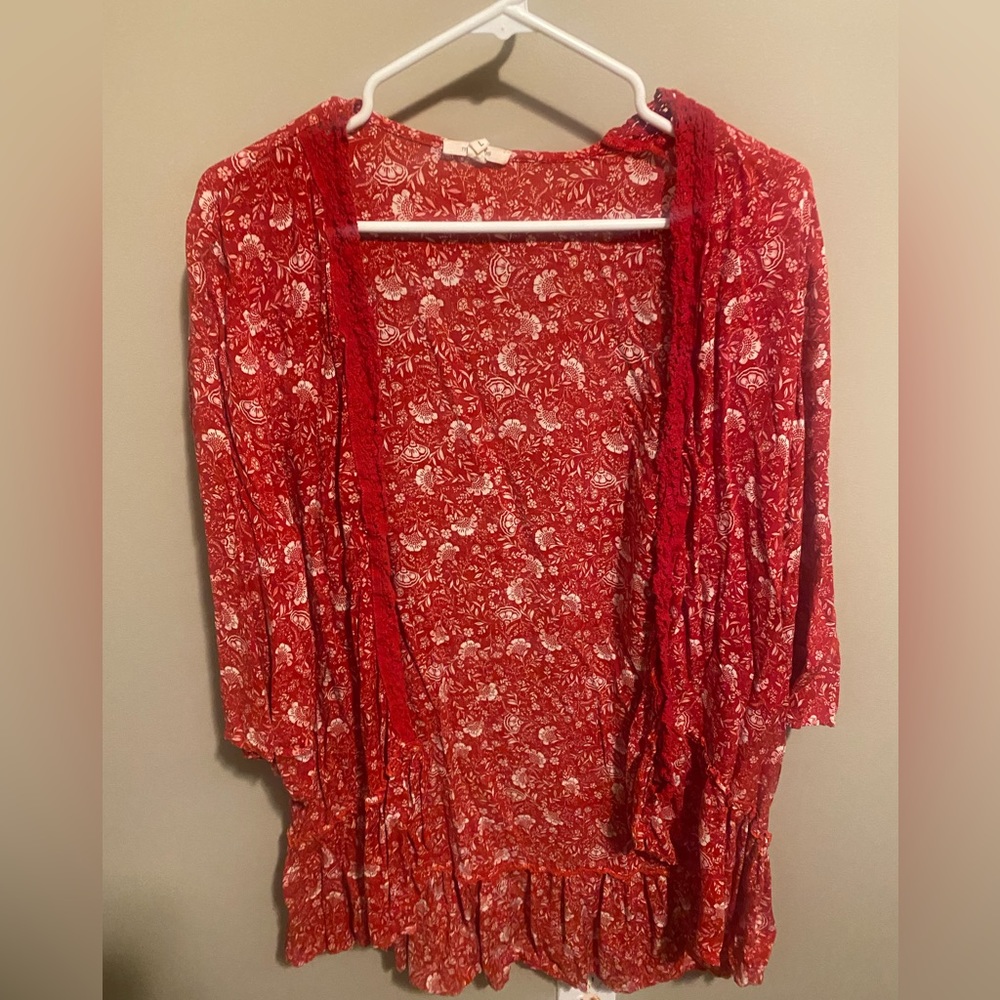 Red Cardigan with White Floral Details